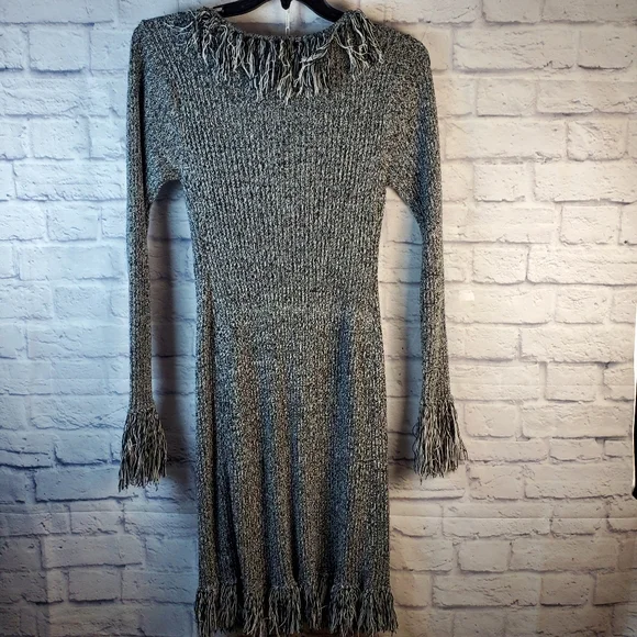 Tomfoolery Open Front Fringe Trim Long Sweater Cardigan, M, Black & White - Picture 6 of 10